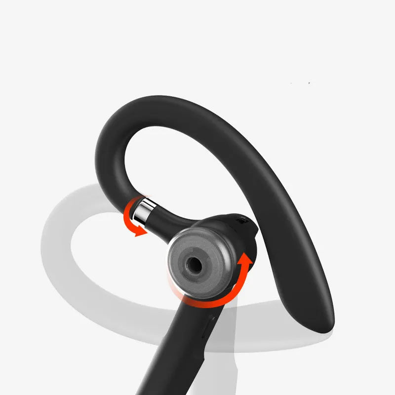 Black mono Bluetooth headset with an ear hook, showing its single earpiece design.