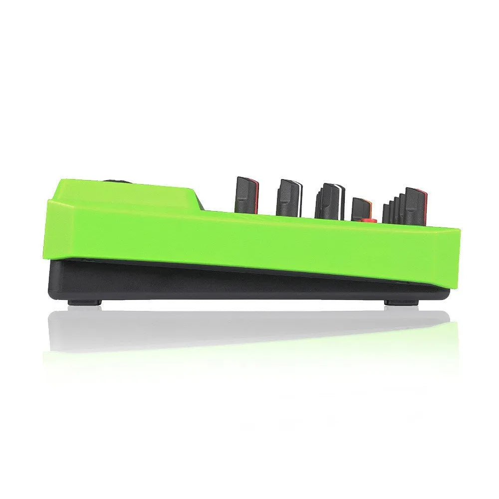 Audio processor unit with USB port and mixer controls in green, red, or yellow colour options