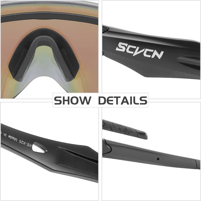 Frameless integrated lens athletic sports goggles in a colourful style on a solid background.