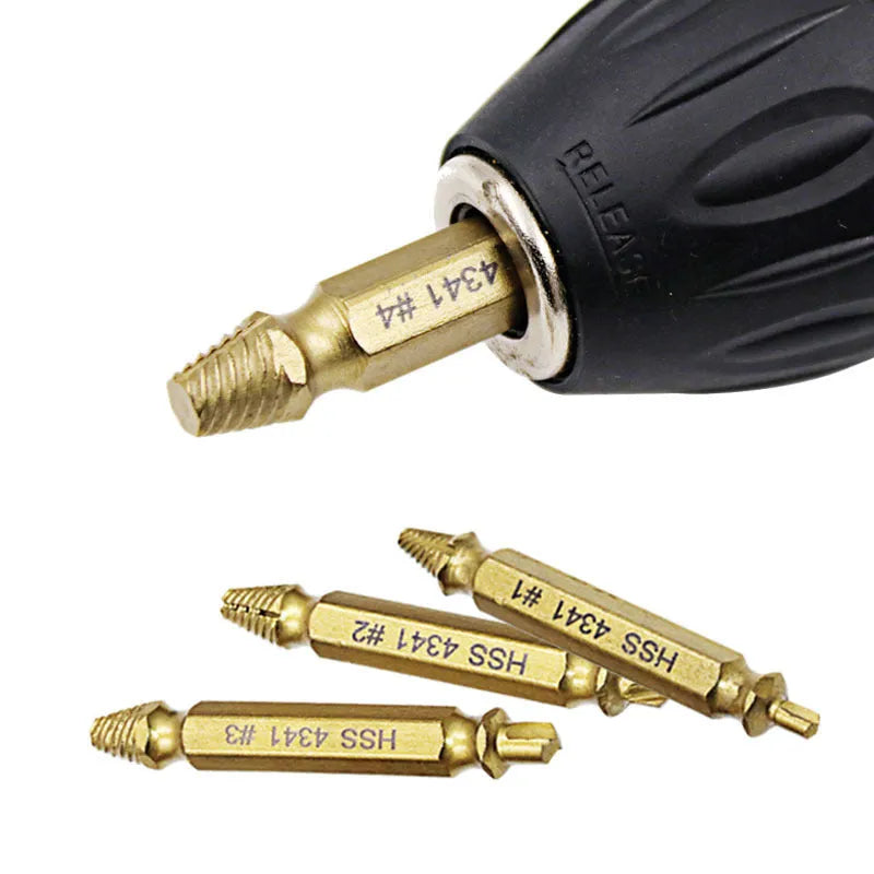 Five-piece high-speed steel screw extractor set with 4341 model for removing damaged fasteners and nails.