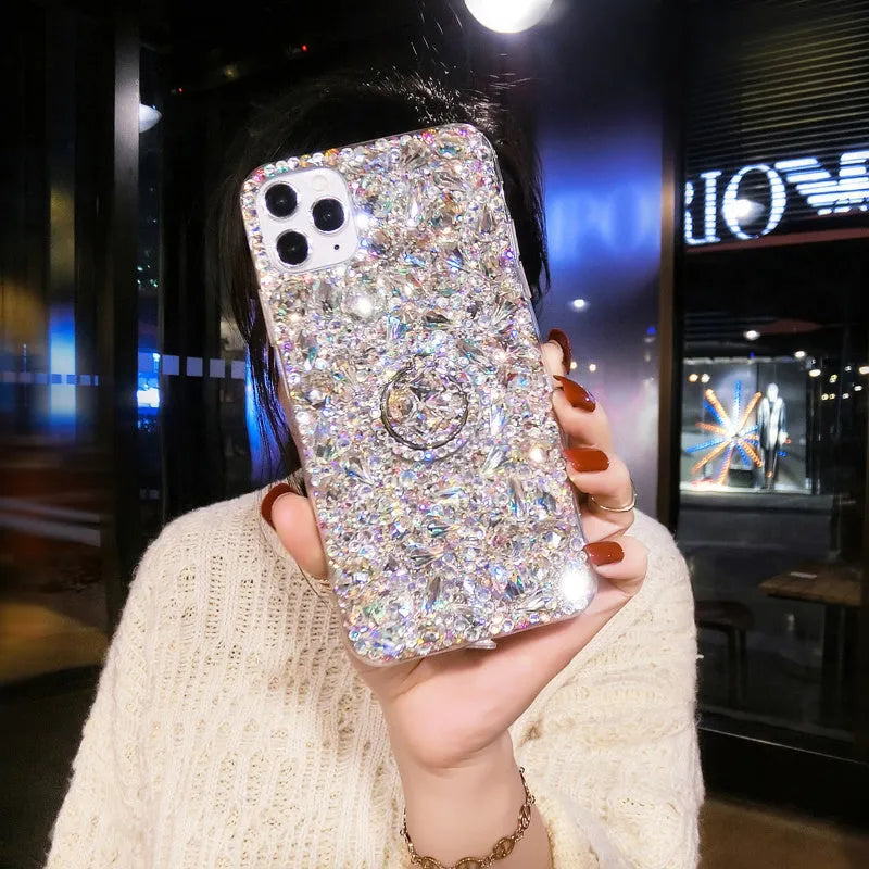 Clear diamond texture acrylic phone case with a flip-out stand bracket for Samsung Galaxy models.