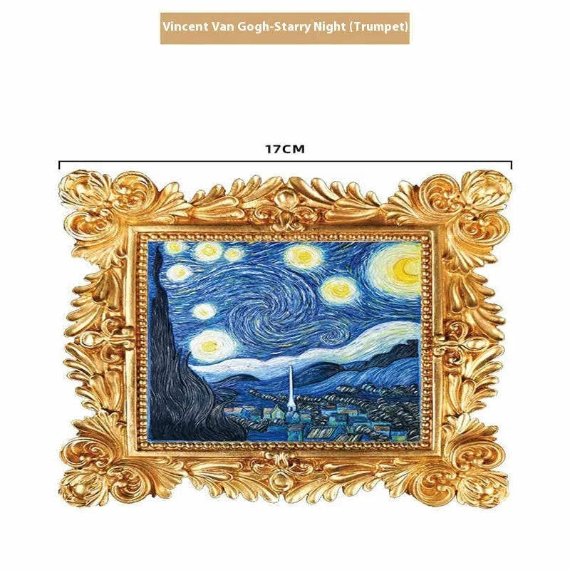 DIY hand drawn oil painting kit showing epoxy pottery base, propylene paints, brushes, and a completed framed Van Gogh 'Starry Night' example.