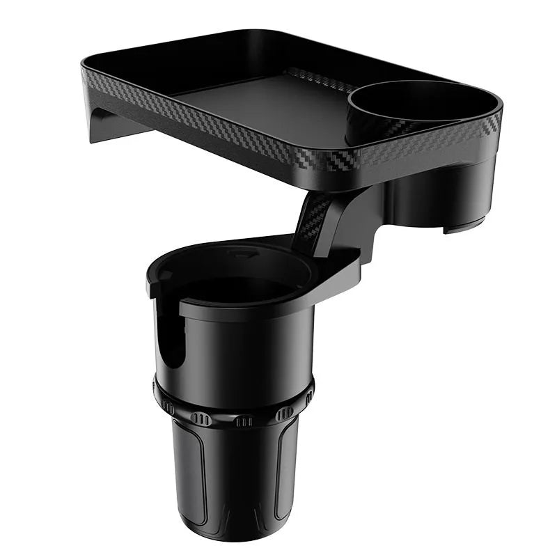 A black ABS plastic car-mounted rotating dinner tray holder inserted into a vehicle cup holder.