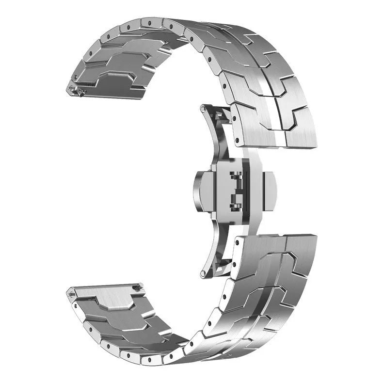 Stainless steel watch band for Samsung Galaxy Watch in silver, shown in 20mm universal size.
