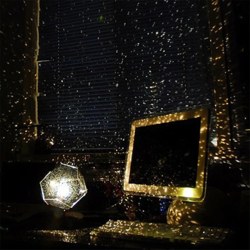 LED constellation projector night light showing star projection on bedroom ceiling with remote control