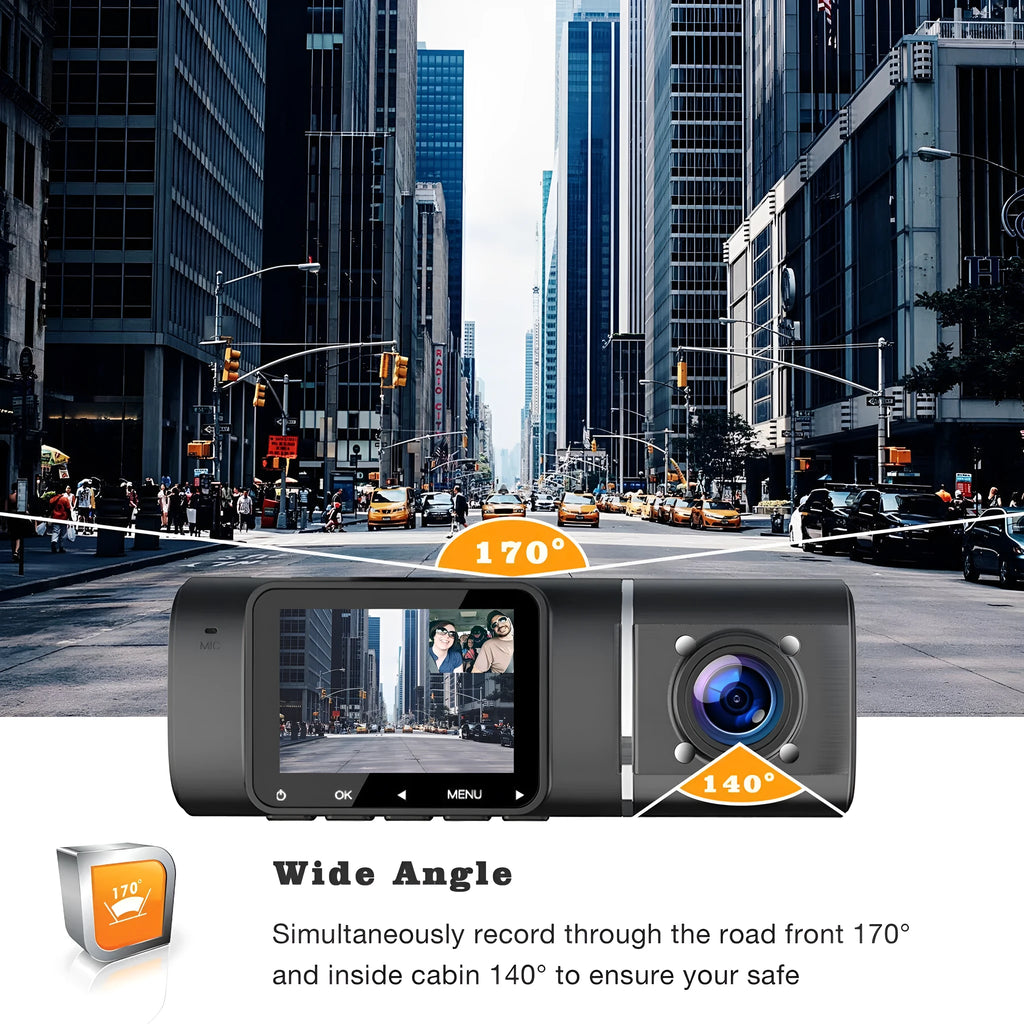 Black dual-channel car dash cam with 1.5-inch screen, front and rear cameras, mounted on a windscreen.