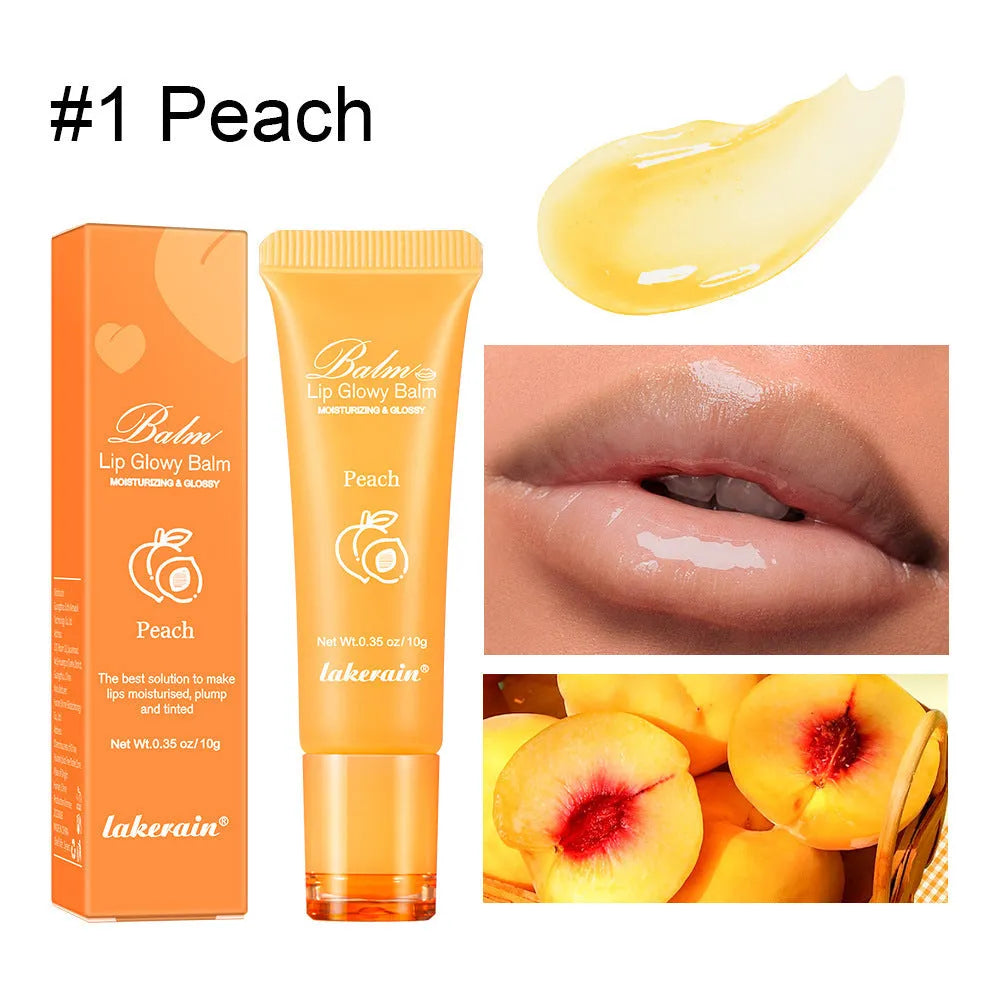 Four flavoured women's lip glosses in berry, grape, grapefruit, and yellow peach colours.