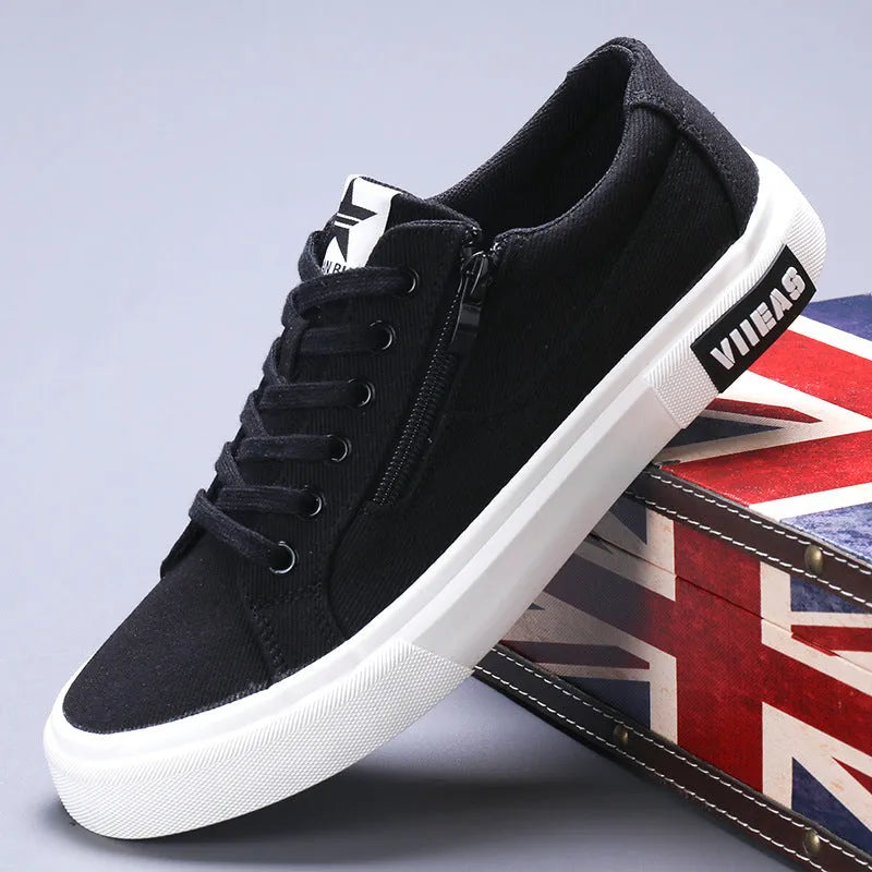 Men's canvas shoes casual lace-up low top breathable vulcanised rubber sole flat heel round toe solid colour