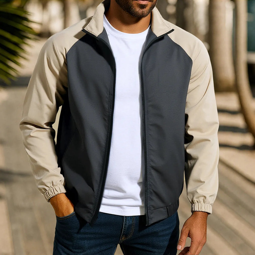 Men's loose-fitting casual coat with a stand collar and contrast trim, shown in green.