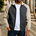 Men's loose-fitting casual coat with a stand collar and contrast trim, shown in green.