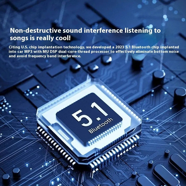 Bluetooth car MP3 player transmitter with dual USB charging ports and LED display plugged into a 12V car socket.