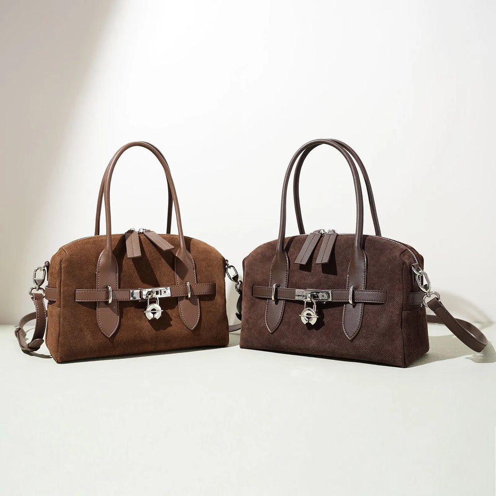 Genuine leather colour-block shoulder bag in mocha and brown with suede finish, horizontal square shape