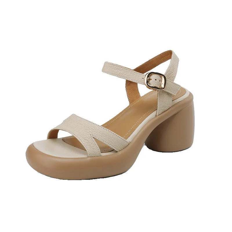 Women's open-toe platform sandals in apricot with a rounded toe holder and a thick rubber sole.