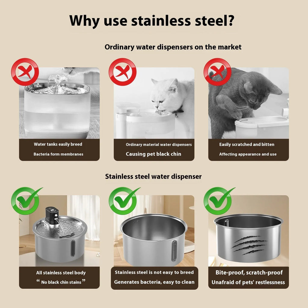 Stainless steel pet water fountain with a white constant temperature heating base on a wooden floor.
