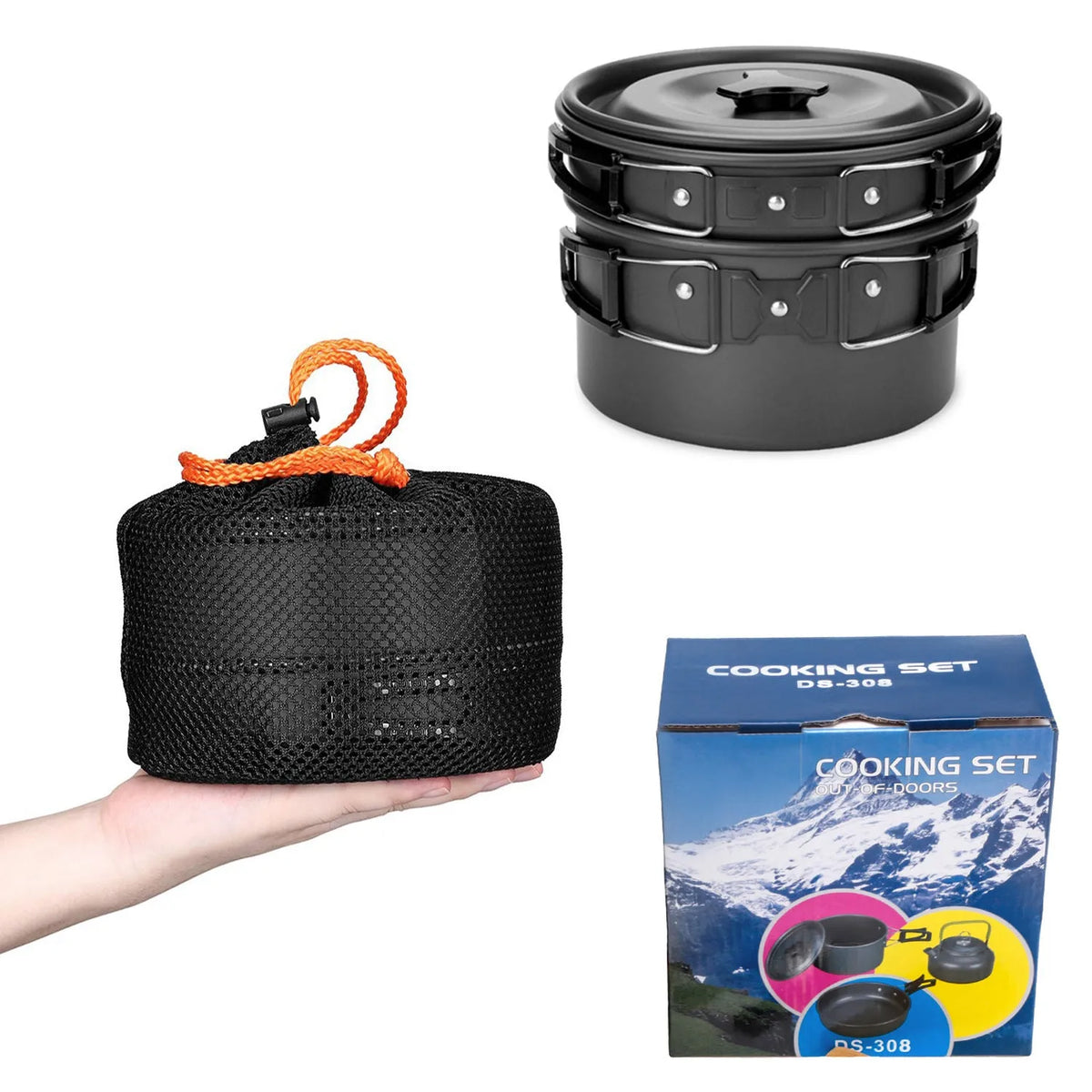 Camping cooker set with hard aluminium boiling pan, frying pan, teapot, stainless steel cutlery, cups, and plates on outdoor table