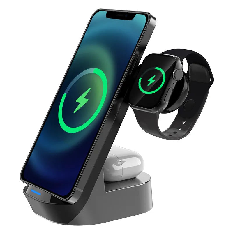 Black grey foldable 3-in-1 wireless charger stand with phone, smartwatch, and earbuds case charging vertically