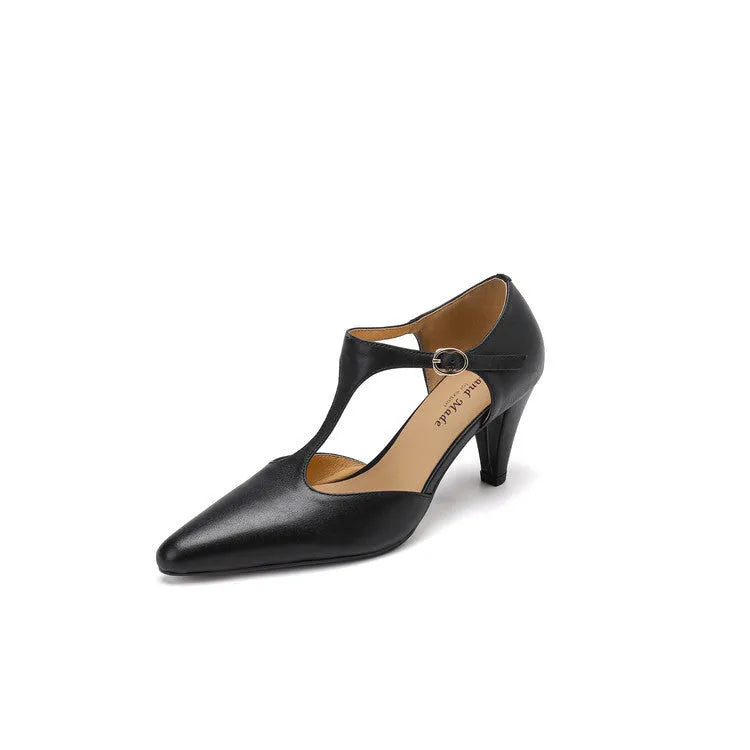 Brown retro women's T-strap sandals with a closed toe, block heel, and adjustable buckle.