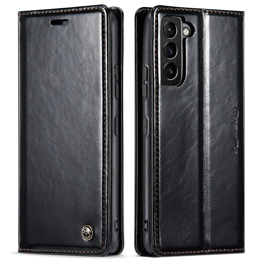 Crazy Horse pattern card flip phone case for Samsung A55 in black leather with closure