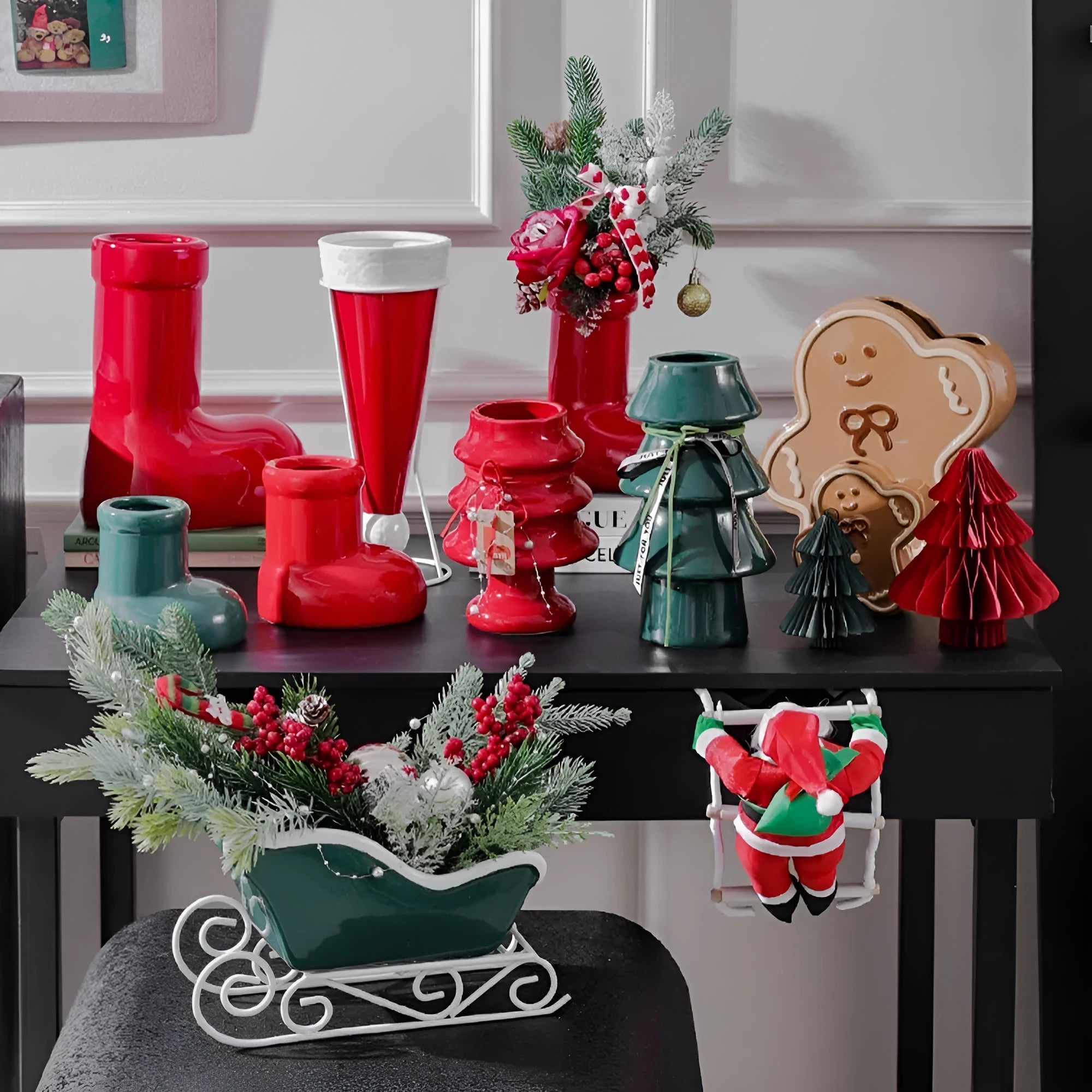Hand-painted glazed ceramic vase in gingerbread man shape for Christmas home decoration with red shoes option