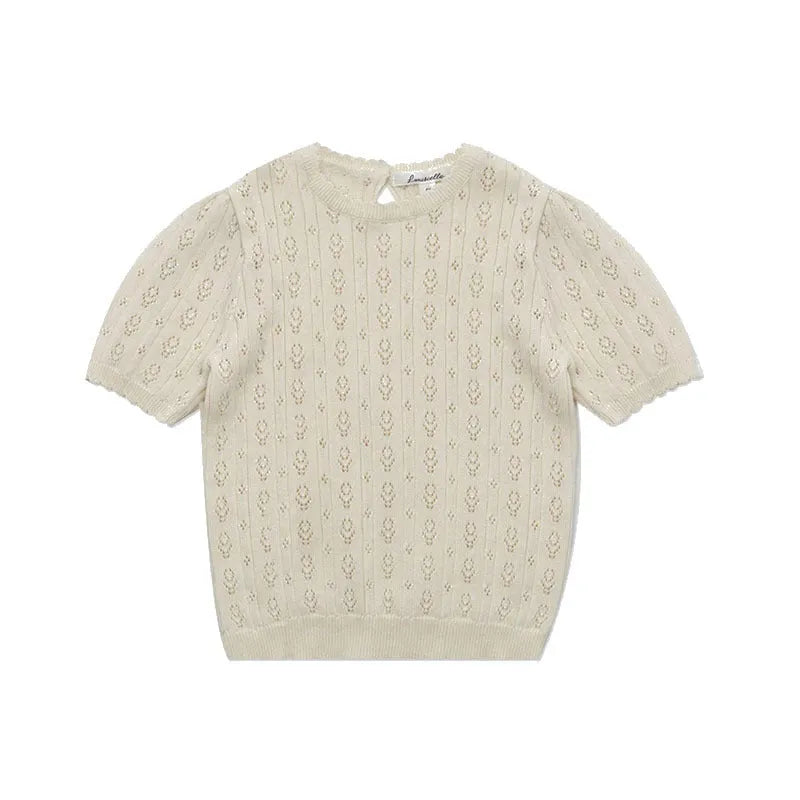 Girls' beige cotton short-sleeved knitted top and checkered shorts suit two-piece set on white background