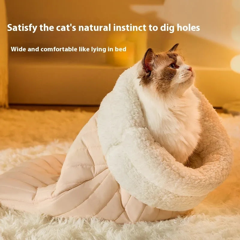 Cat sleeping bag nest with fleece fabric exterior and bear pattern in light brown colour