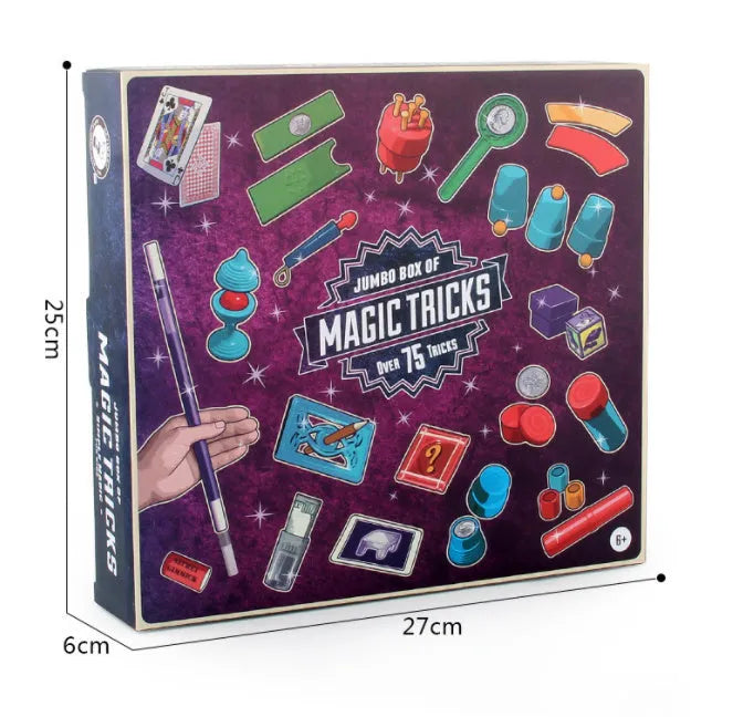 Children's magic trick set with plastic props in purple or red colours for ages 3-7