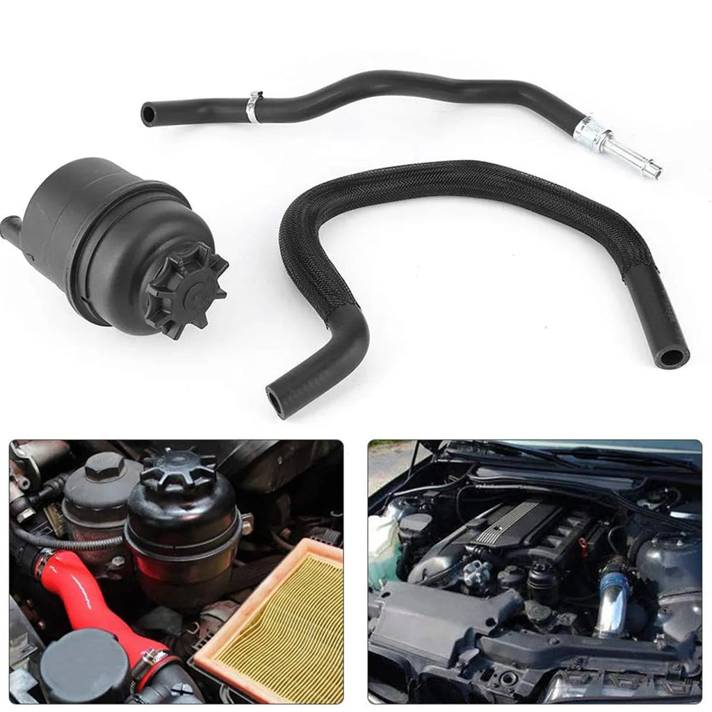 BMW power steering oil pot kit components including plastic tubing and oiler parts