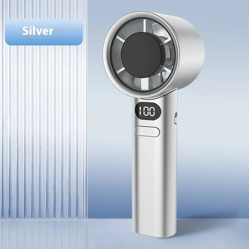Handheld USB fan with variable speed control in white, silver, khaki, or green colours