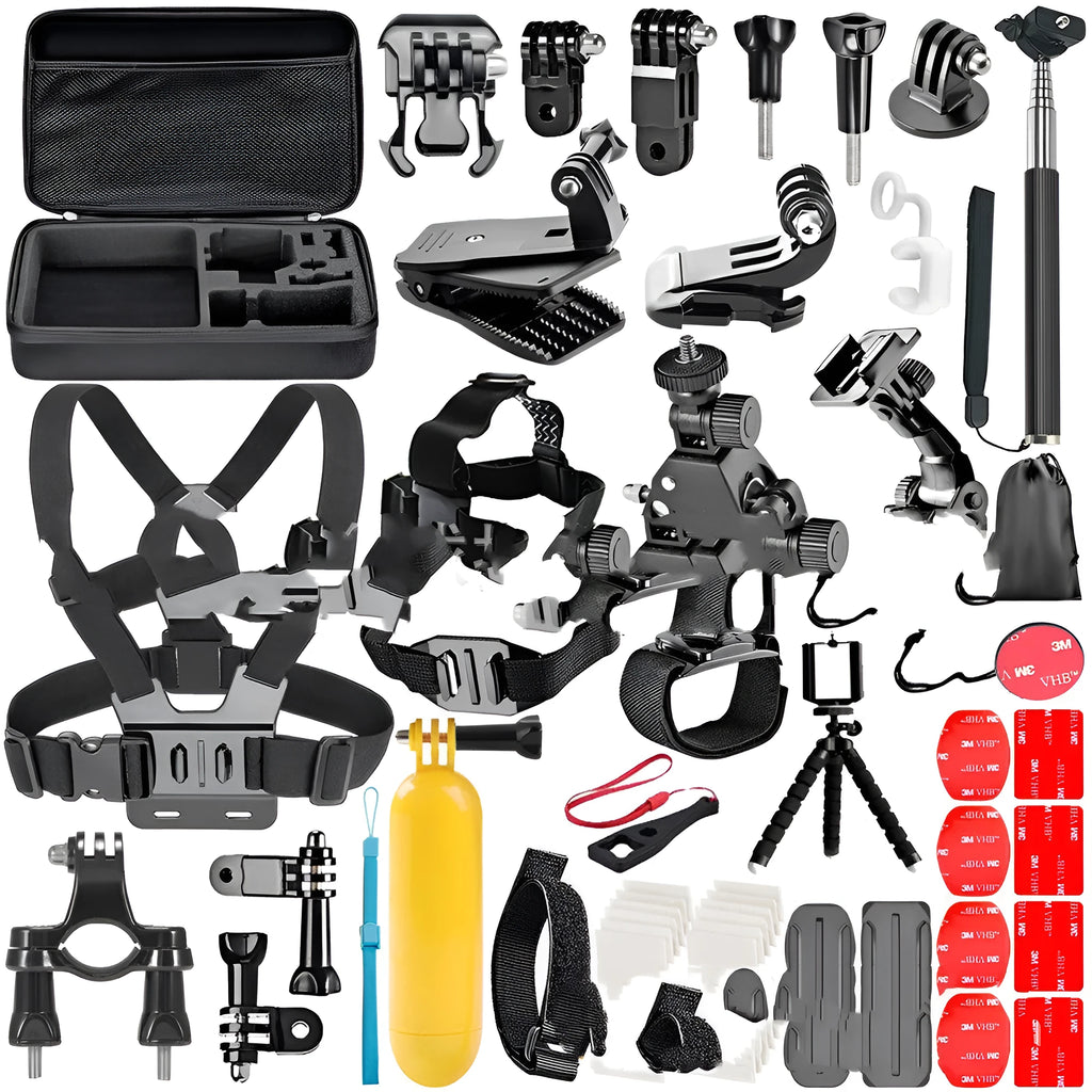 Black GoPro accessory set containing chest strap, helmet mount and tripod adapter for Hero cameras