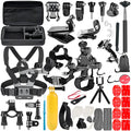 Black GoPro accessory set containing chest strap, helmet mount and tripod adapter for Hero cameras
