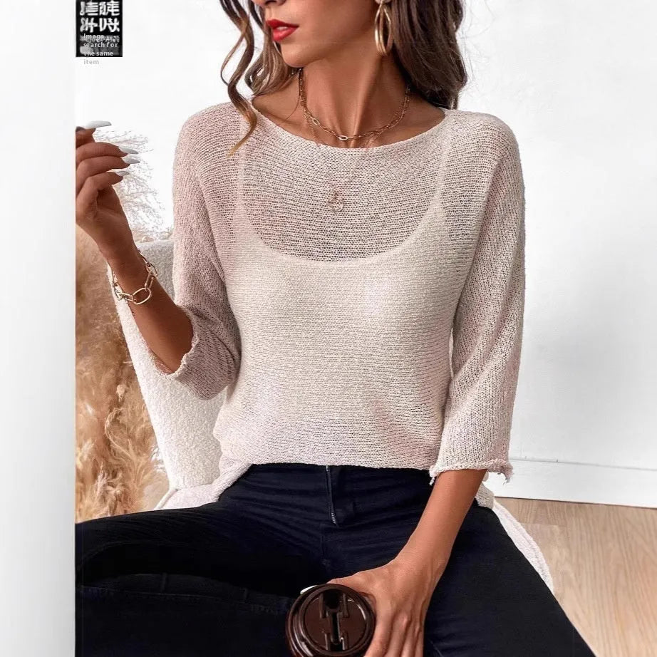 Women's thin knitted off-shoulder overall with 3D pattern and three-quarter sleeves in light blue