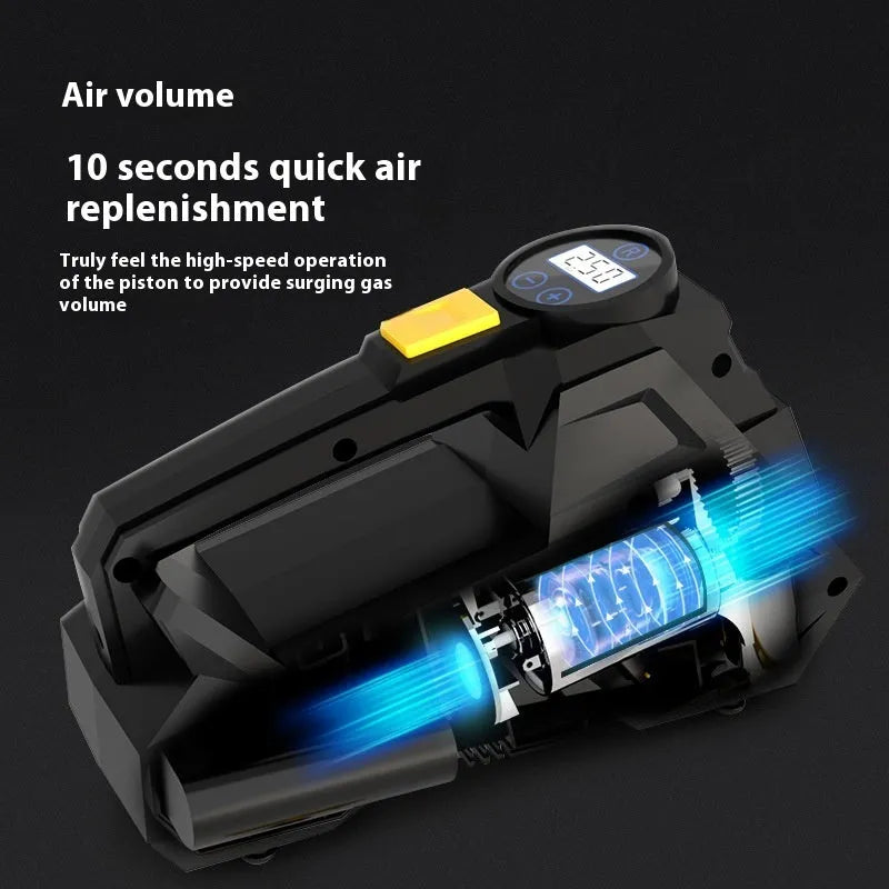 Black portable digital tyre inflator with LCD screen and LED light, connected to a car tyre valve.