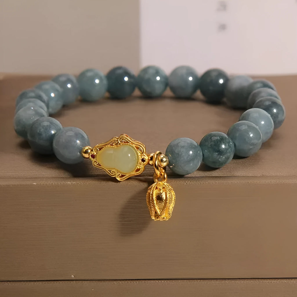 Women's sky blue natural stone bracelet with lotus pendant and electroplated finish