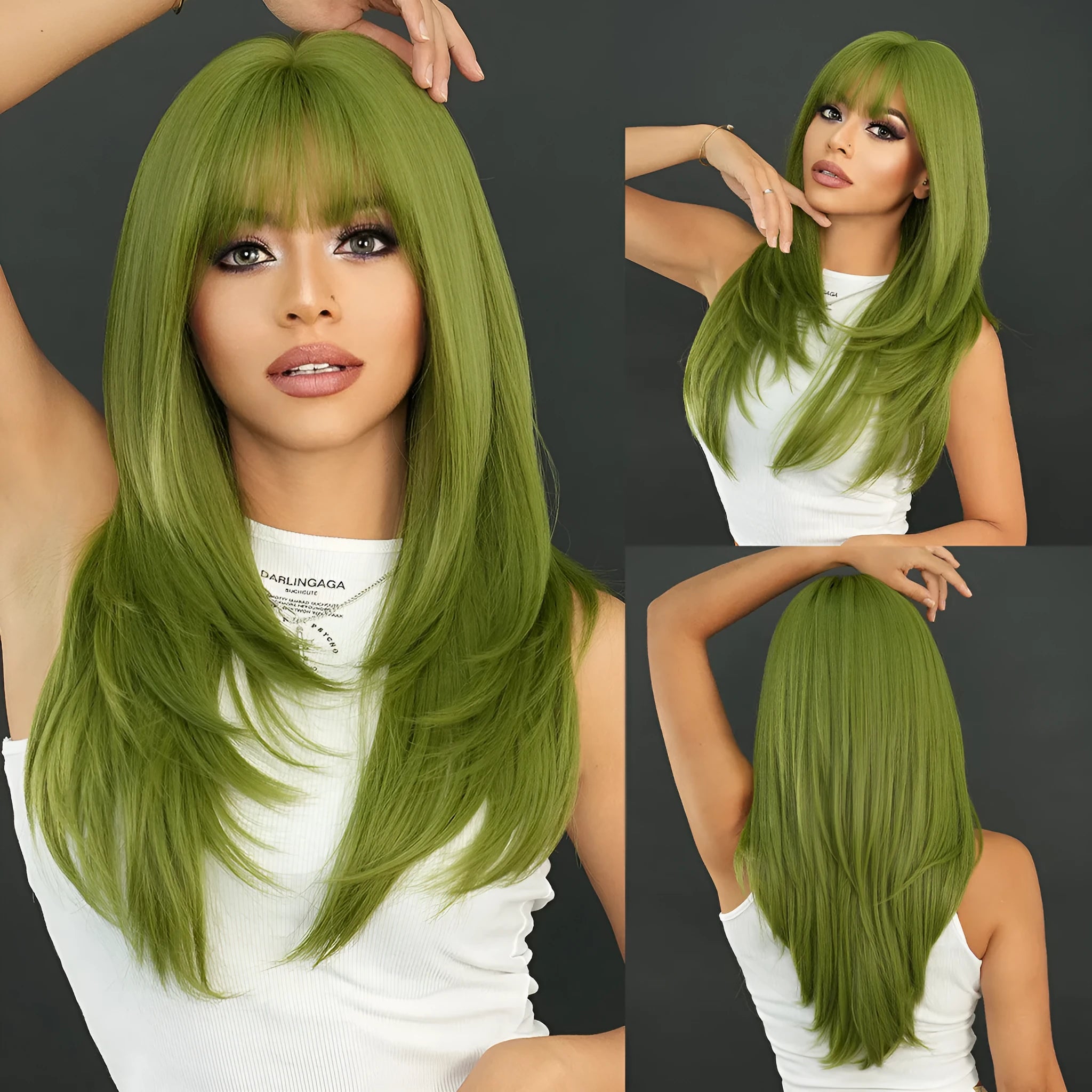 Vanilla green straight women's wig 63cm long with straight bangs and domestic silk material