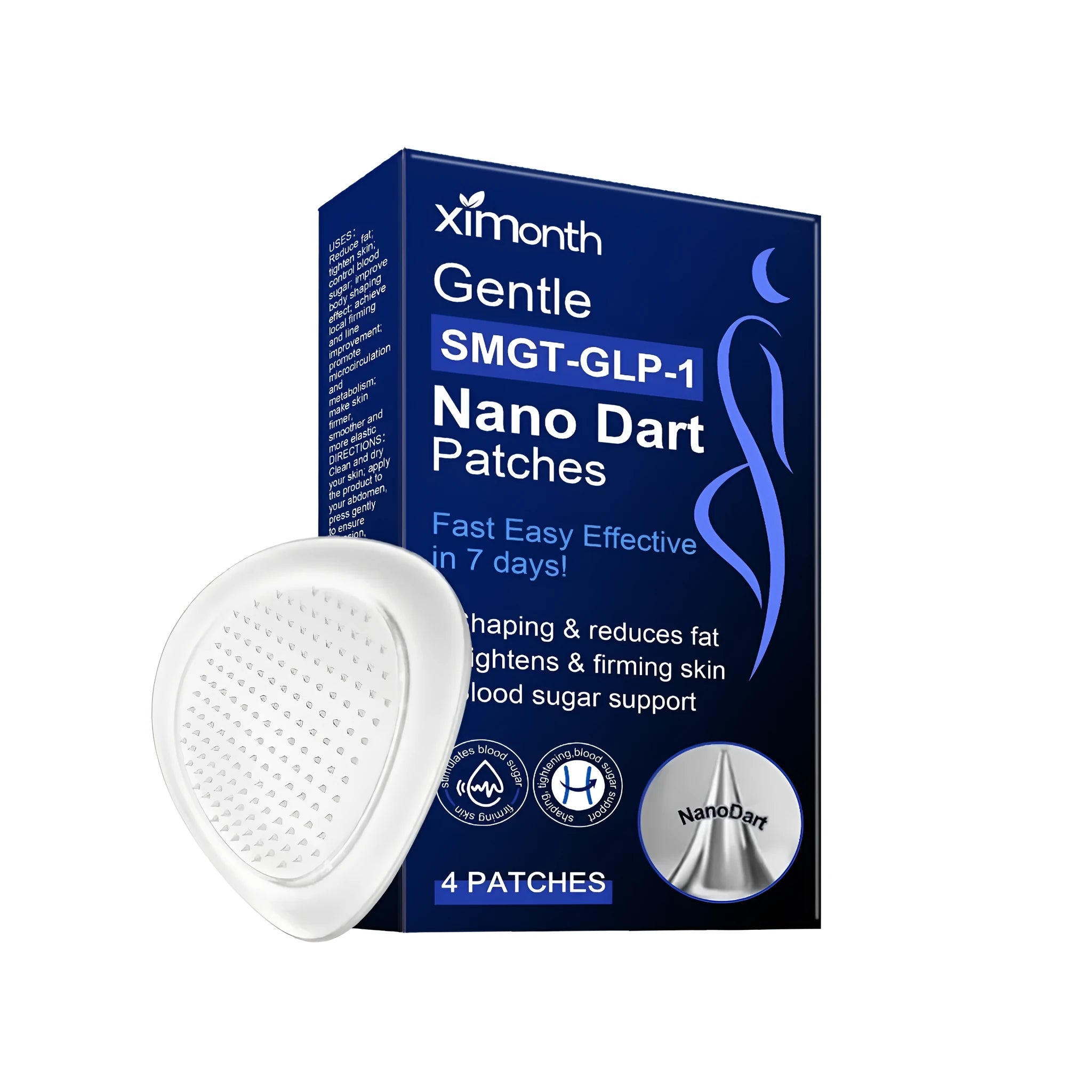 A pack of four transdermal blood glucose auxiliary patches on skin.