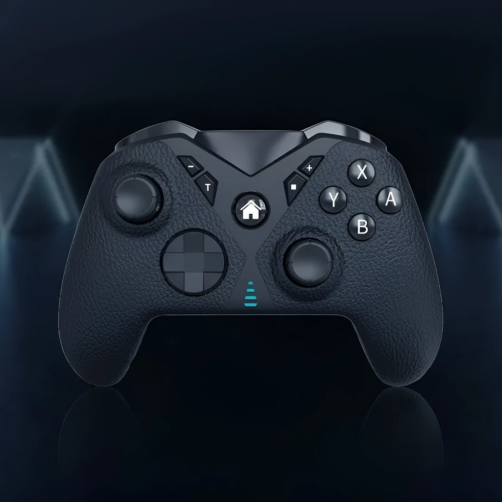Black wireless game controller with textured leather-grip pattern on handles, shown front and back.