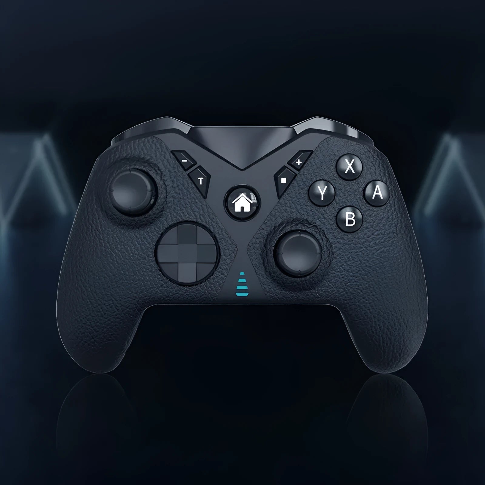 Black wireless game controller with textured leather-grip pattern on handles, shown front and back.