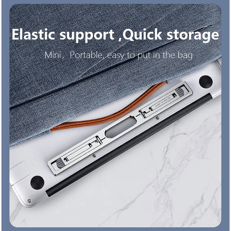 Aluminium laptop cooling bracket in silver colour with adjustable heightening base