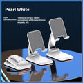 Foldable mobile desktop stand in black, showing smartphone placed on its universal bracket.