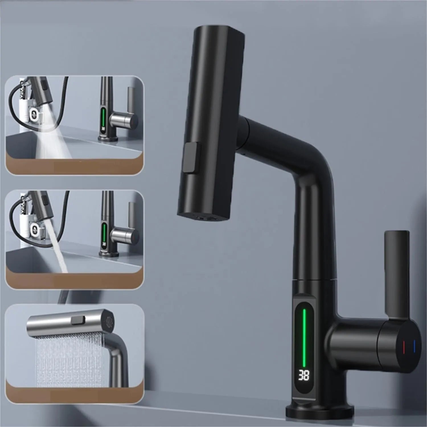 Digital display pull-out kitchen faucet with LED temperature readout and rotating waterfall spout
