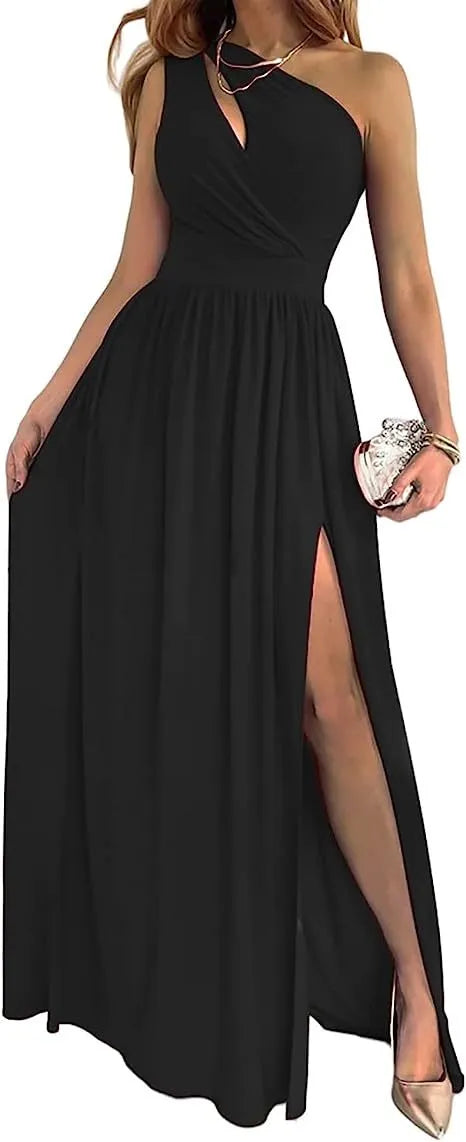 Women's apricot one shoulder cocktail maxi dress with high thigh split, shown on model.