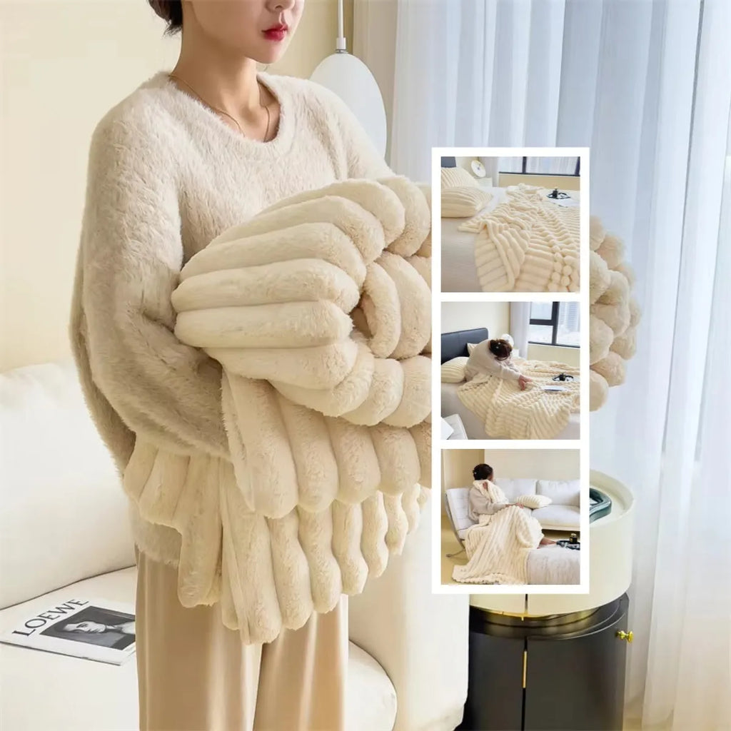 Soft wind bubble velvet double-sided thickening blanket in solid colour with rabbit fur texture