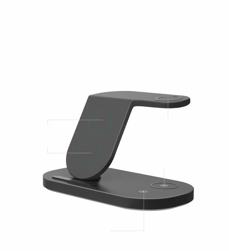 Three-in-one fast wireless charging station for mobile phones, smartwatches, and headphones in black or white