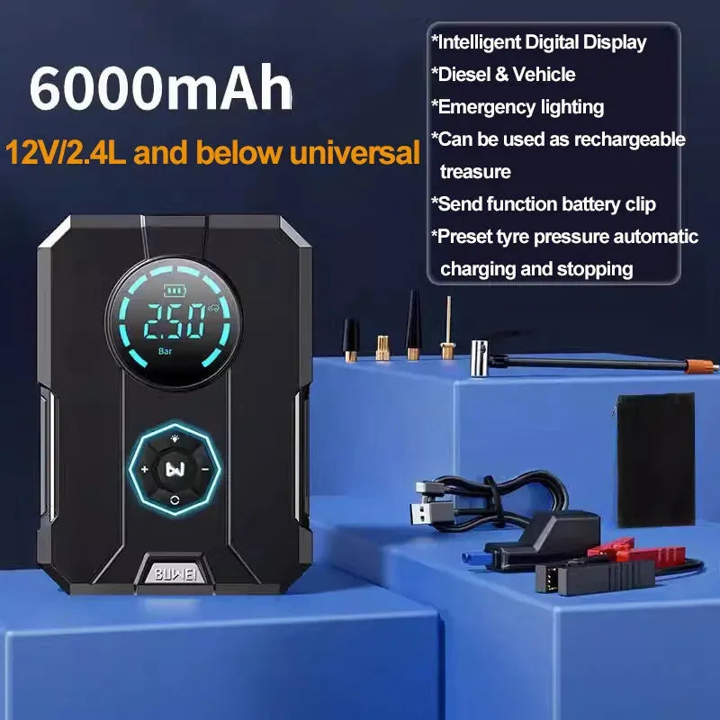 Portable wireless car tyre inflator with digital pressure gauge and LED light on ABS plastic body.