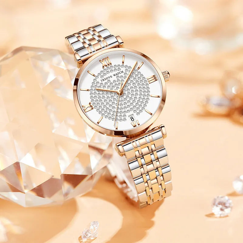 Starry women's quartz watch with white dial, 33mm, alloy strap, butterfly clasp, rose shell case