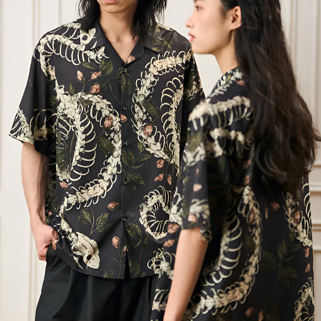 Men's loose-fit Cuban collar shirt with a snake bone floral pattern on short sleeves.