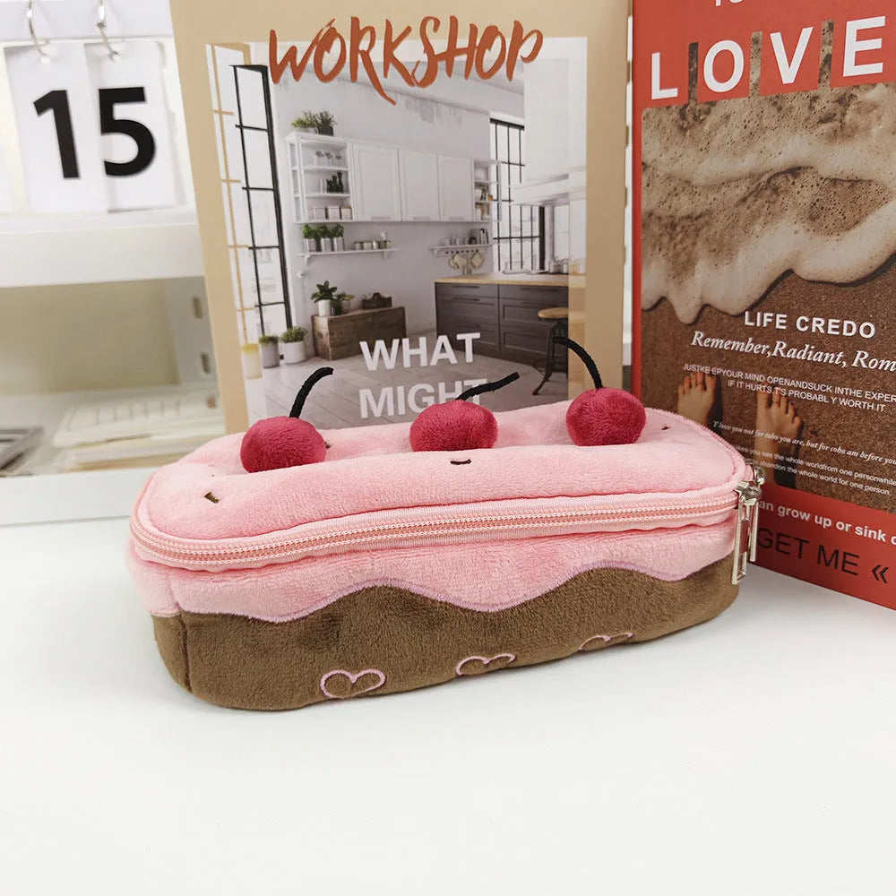 A Cherry Cake themed plush pencil bag made from soft velvet fabric.