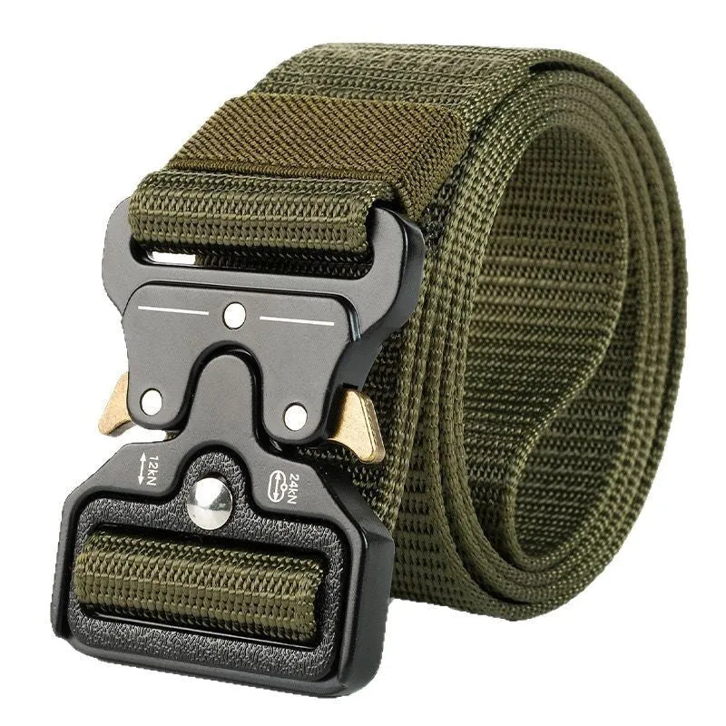 Men's thick canvas tactical belt with alloy release buckle in Army Green colour showing 120cm length.