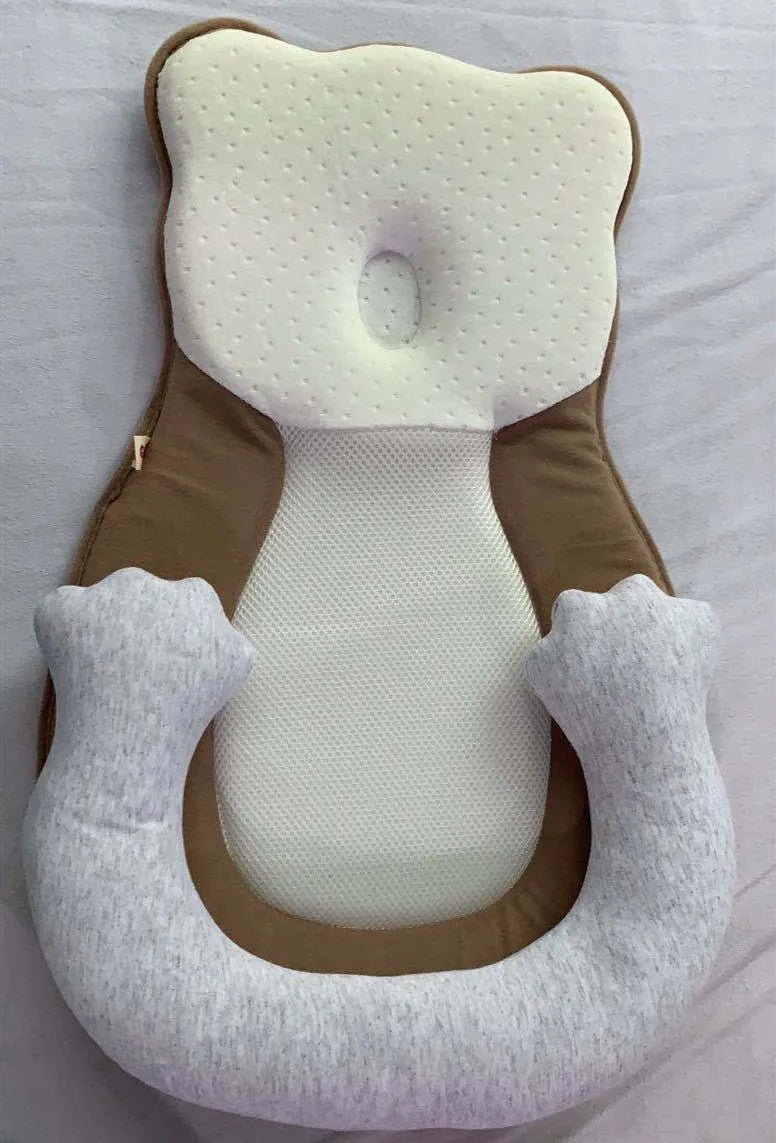 Portable folding baby travel crib with soft cotton sleep cushion in beige colour