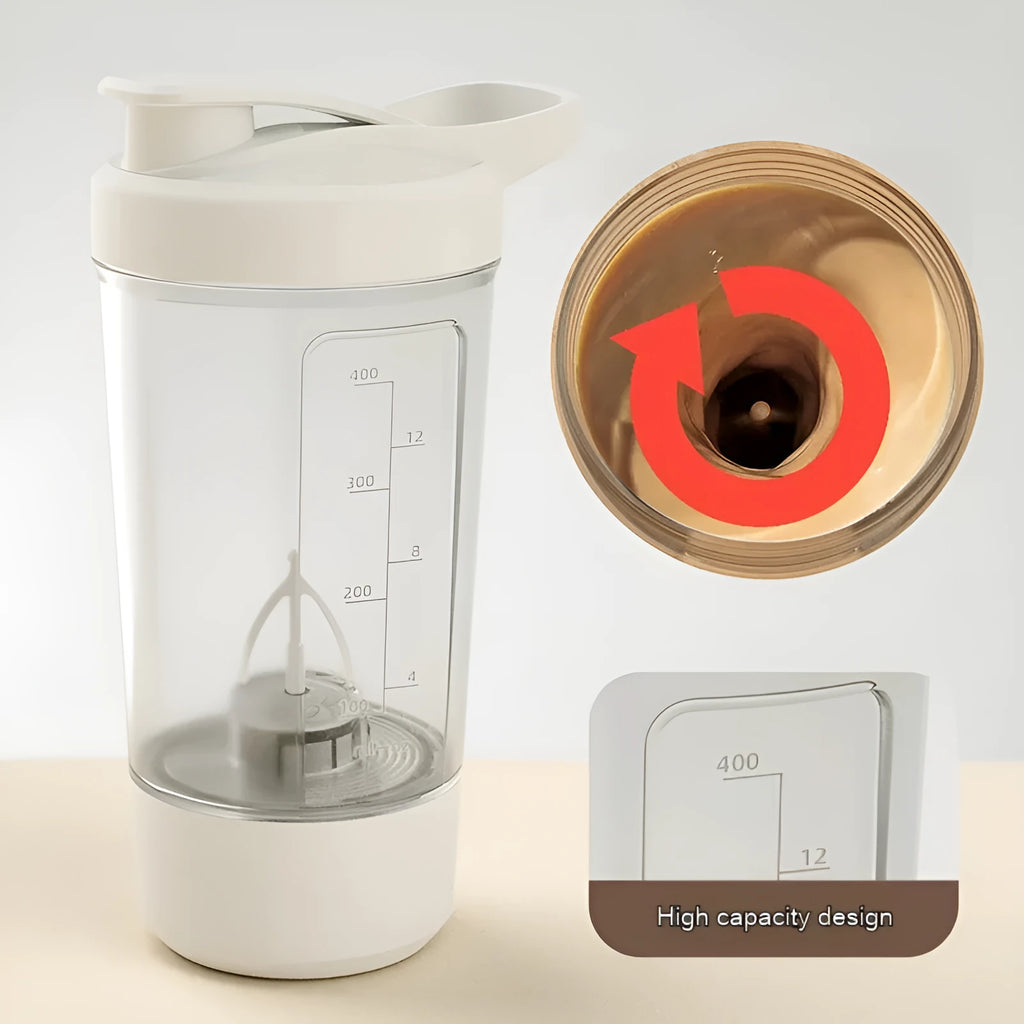 Electric protein shaker bottle 400ml 14oz with black body and white lid, USB charging port visible
